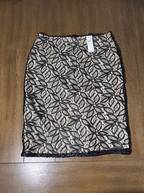 Ann Taylor Black Lace Overlay Lined Pencil Skirt with Nude Lining NWT size 4